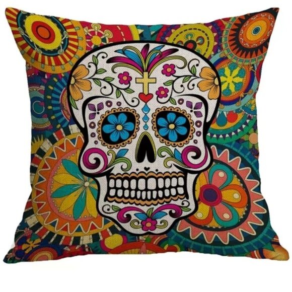 Sugar Skull Pillow Cover Cotton Linen Square 18 x 18 inch Vibrant Multicolor - Picture 1 of 7